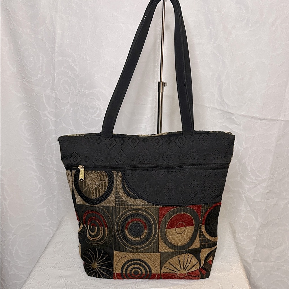 DANNY K black, red, and gold vintage geometric tapestry shoulder tote handbag.